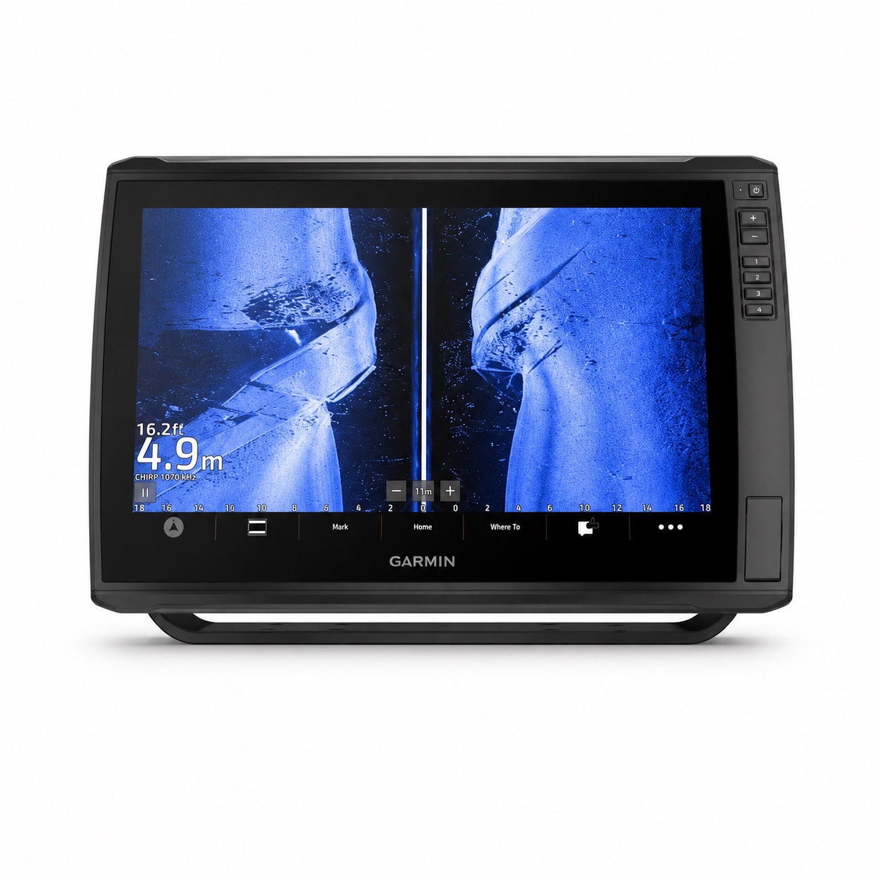 Premium boat-mounted sonar display with blue scan screen