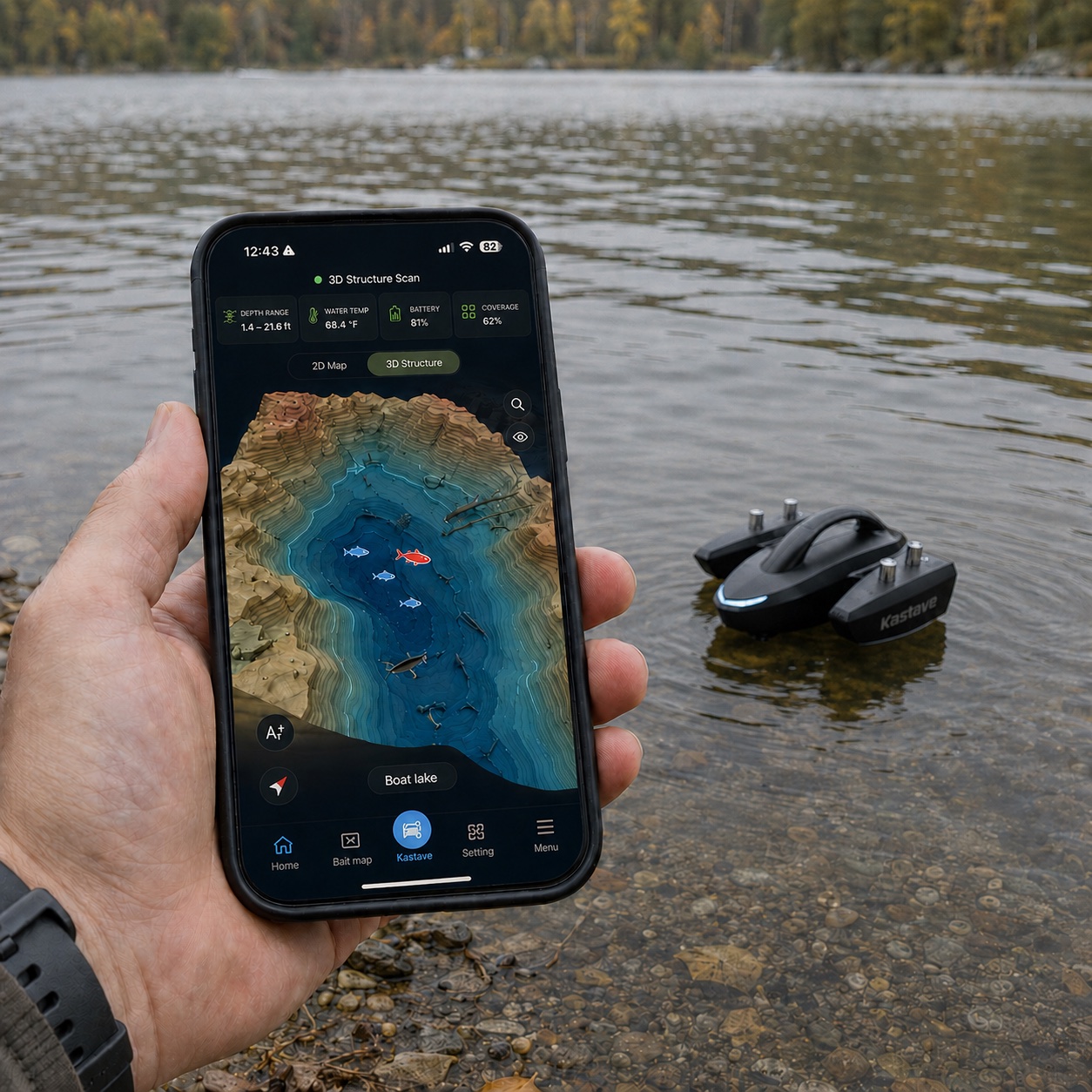 Kastave app showing a 3D lake scan while the device floats nearby