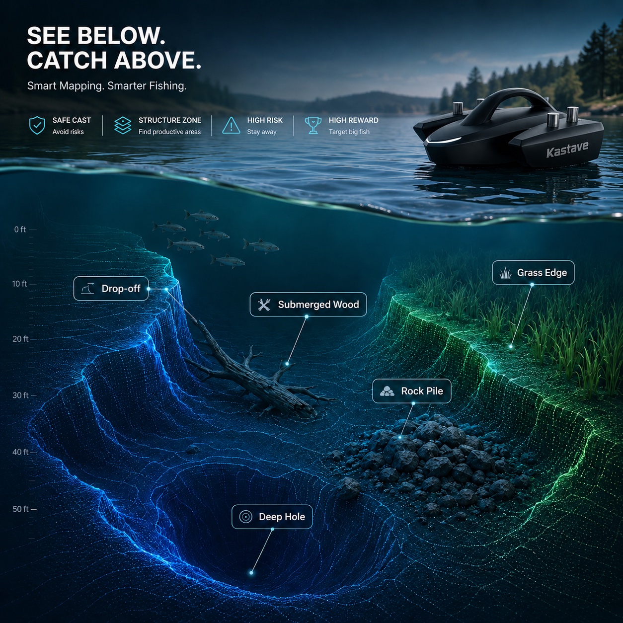 3D underwater structure map showing drop-off, rock pile, grass edge, submerged wood, and deep hole