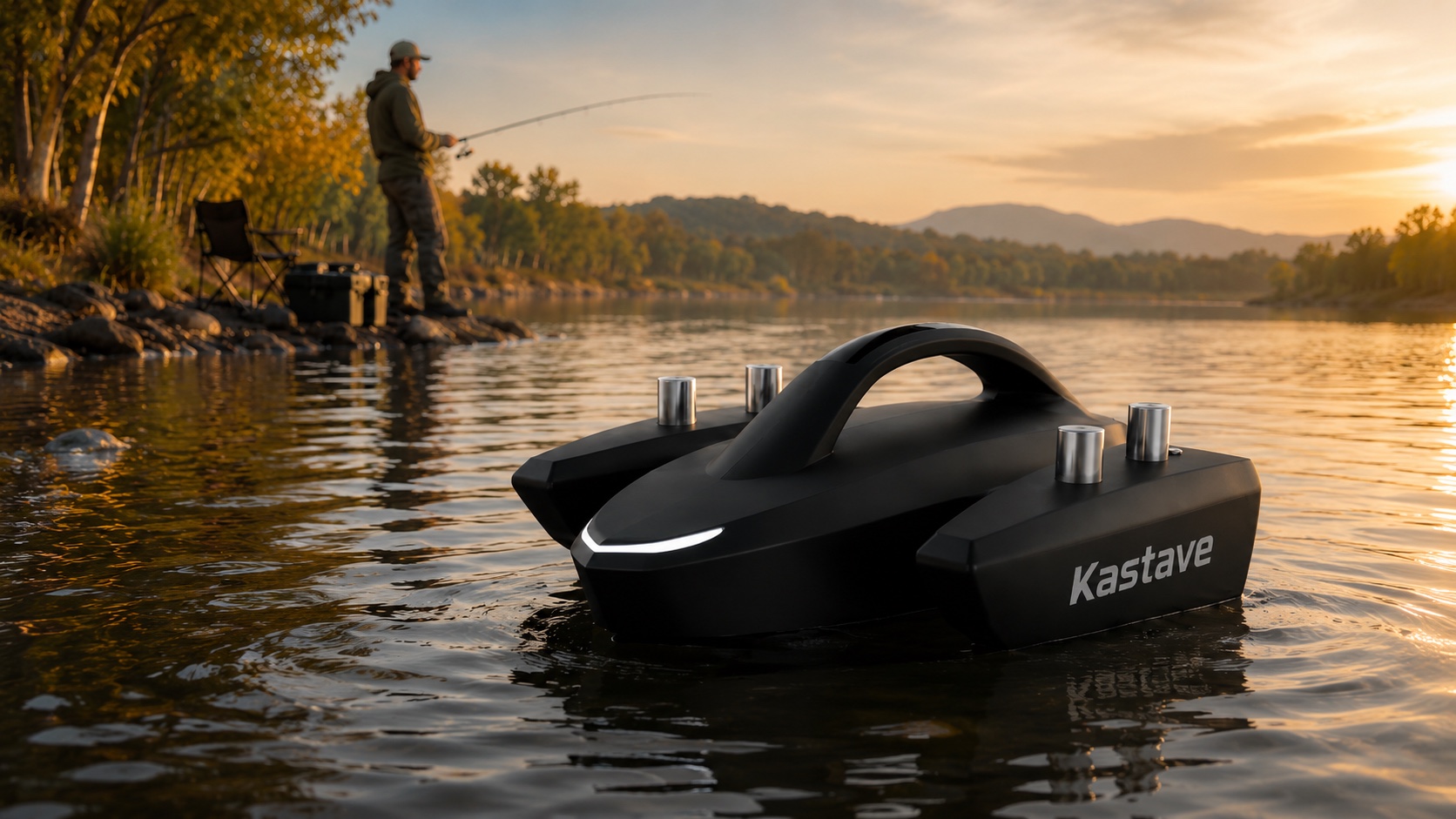 Kastave smart sonar floating on lake water while an angler fishes at sunset