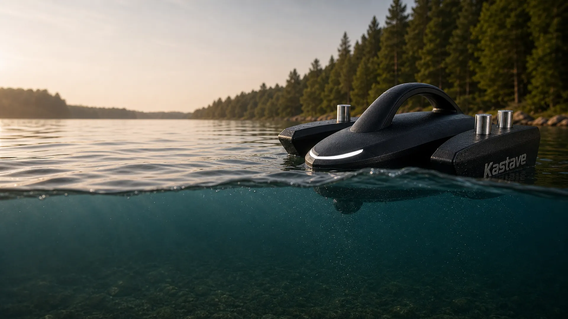 Kastave autonomous sonar scouting robot scanning freshwater above a reconstructed underwater lakebed.