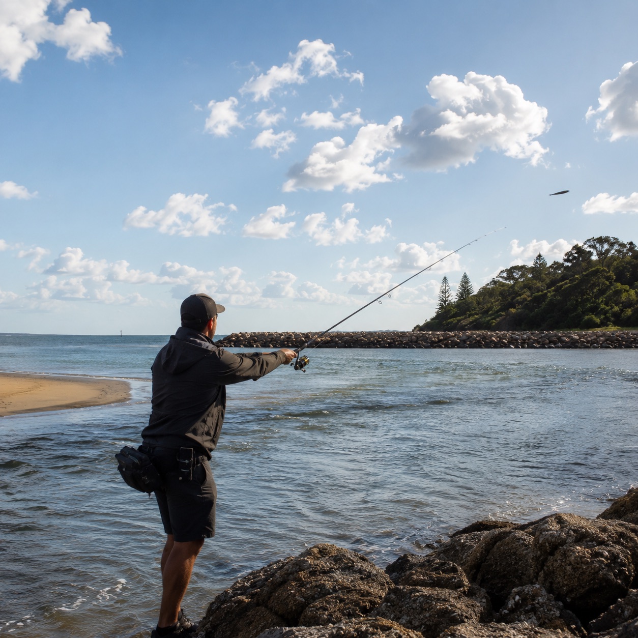 Lure angler casting from coastal rocks toward open water