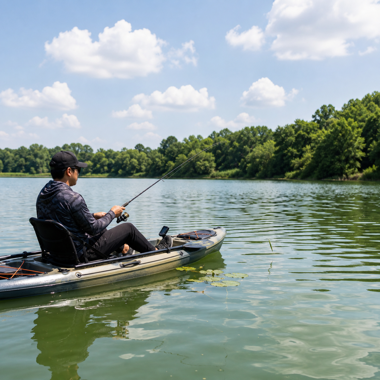 Kayak angler fishing on a sunny lake near weed cover