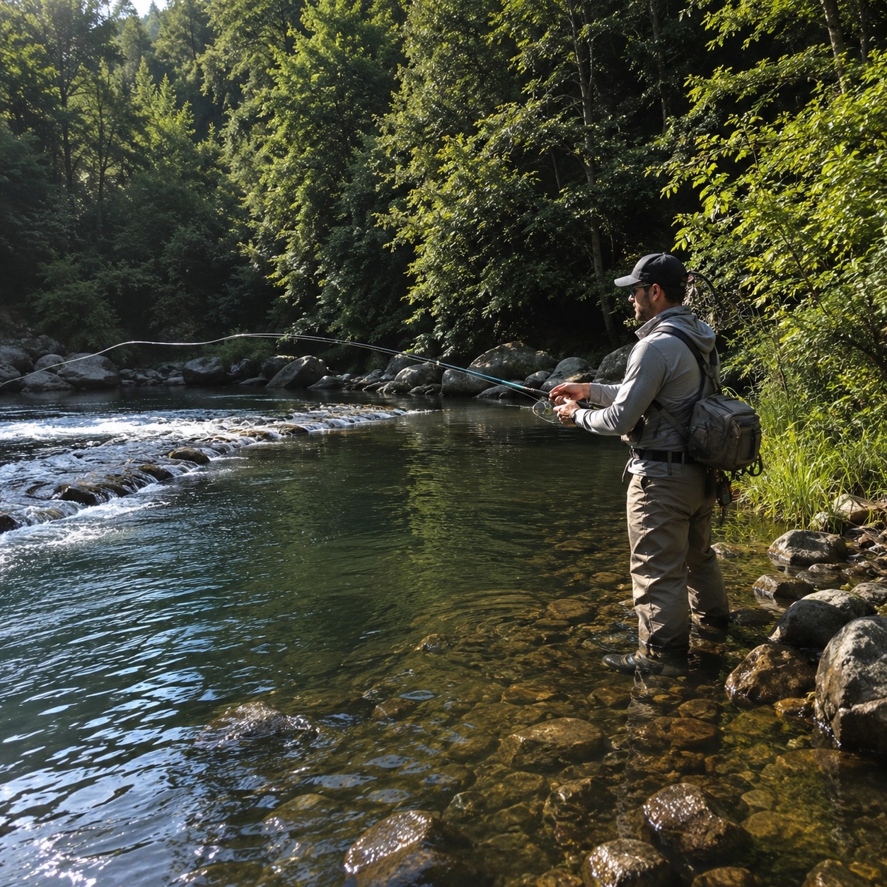 Lure angler wading in a clear rocky river