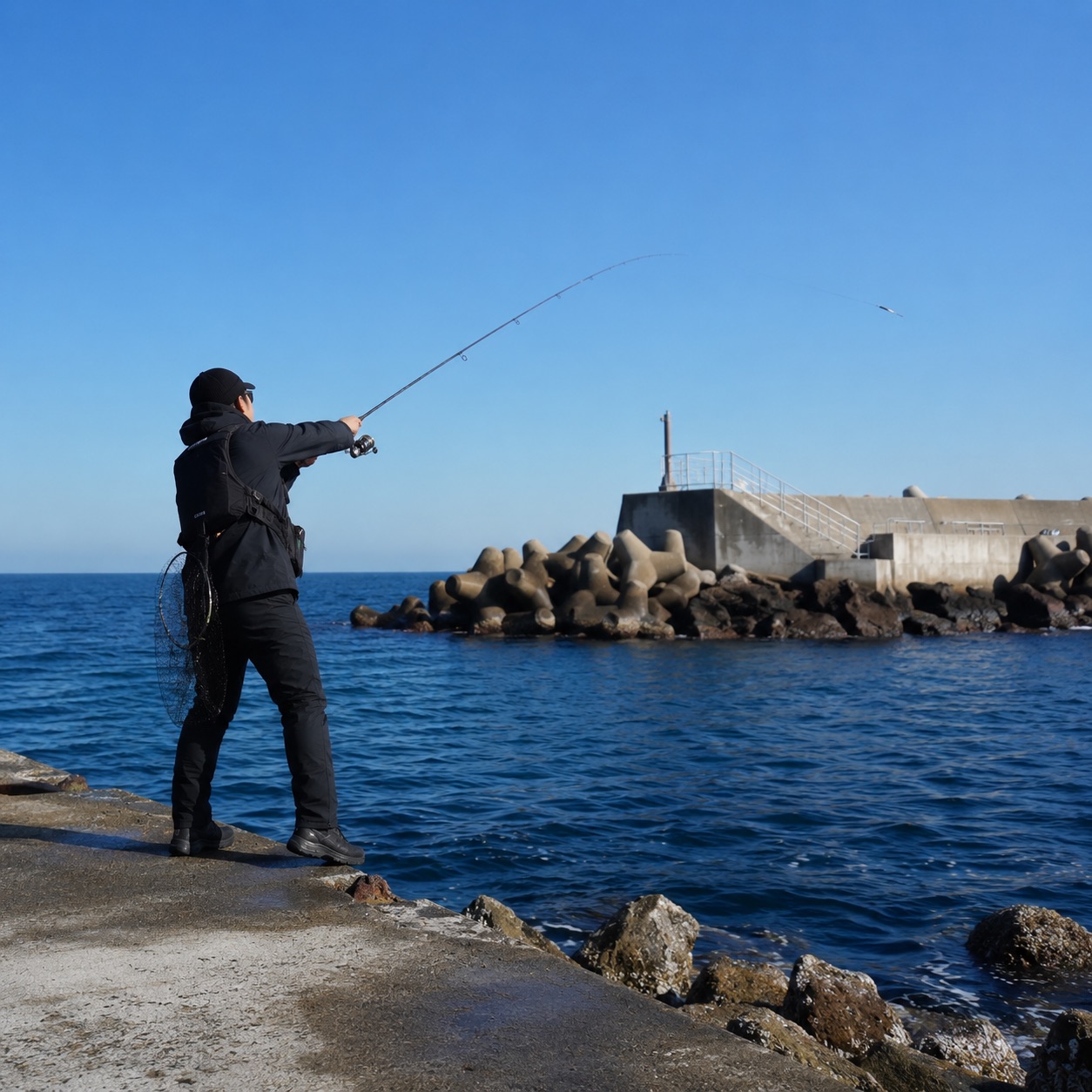 Lure angler casting near a seawall and breakwater