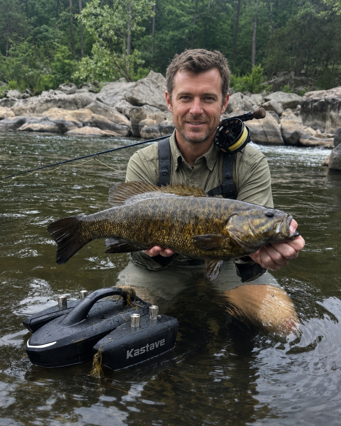Early tester holding a river smallmouth bass with Kastave floating nearby